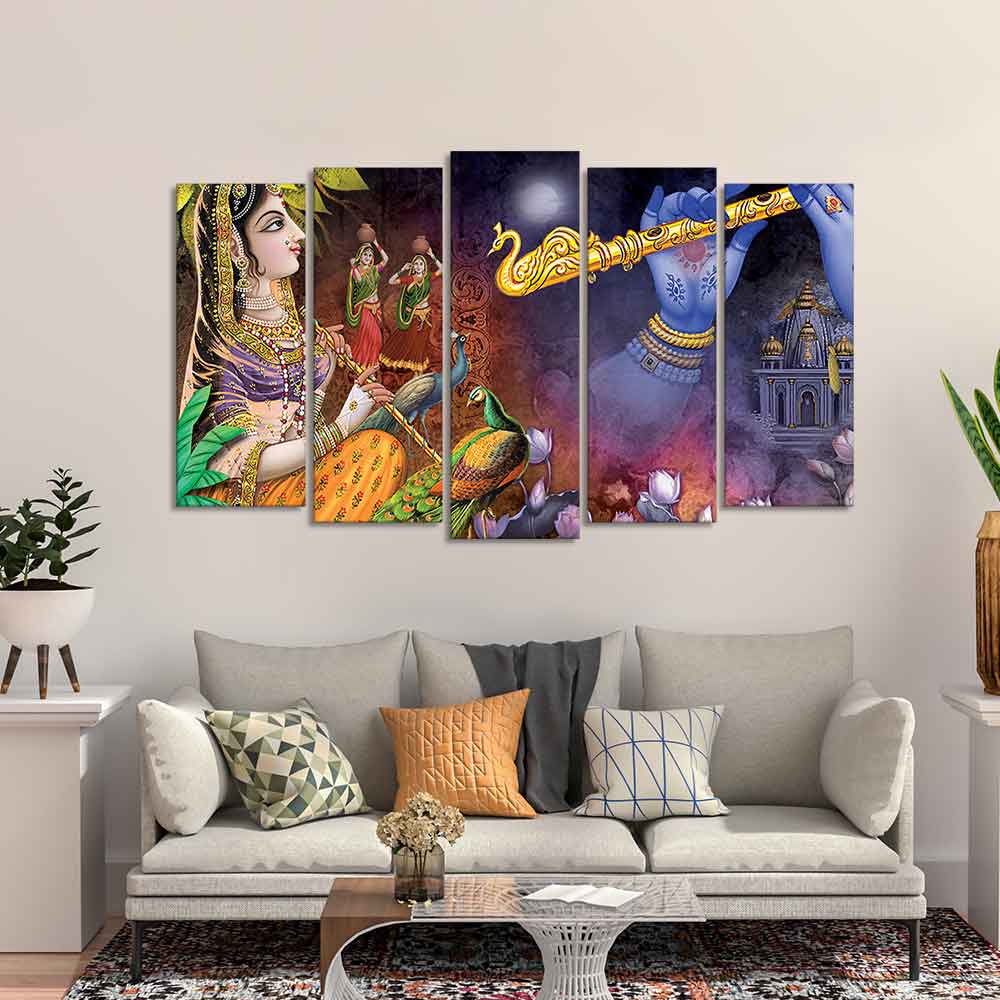 Five Pieces Wall Painting Set of Lord Radha Krishna Warli Art