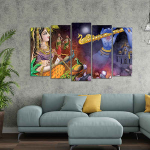 Five Pieces Wall Painting Set of Lord Radha Krishna Warli Art