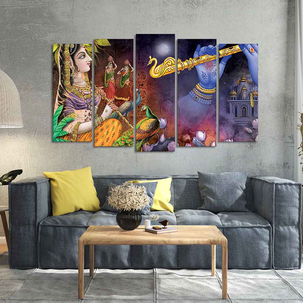 Five Pieces Wall Painting Set of Lord Radha Krishna Warli Art