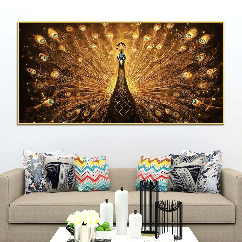 Flamboyant Golden Peacock Canvas Wall Painting for Home & Office