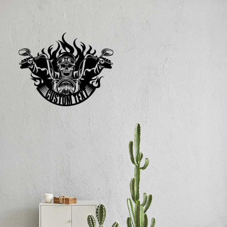 Flaming Skull Motorcycle Metal Wall Art for Home Decor