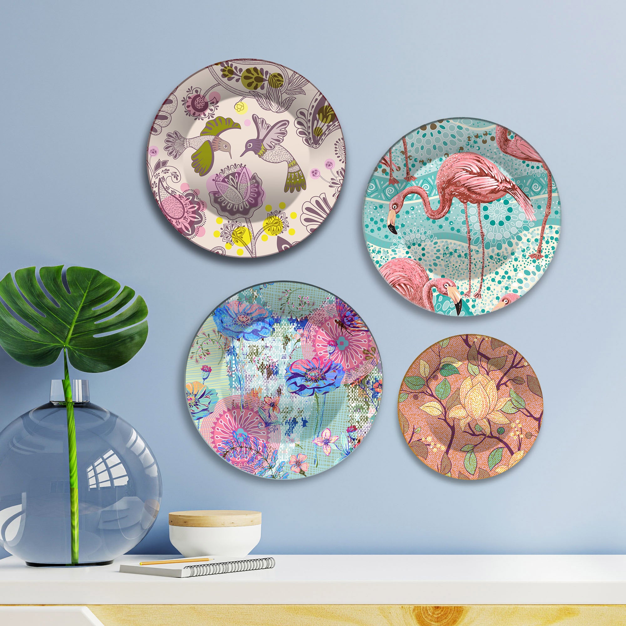 Flamingo & Floral Designer Premium Wall Plates Painting Set of Four