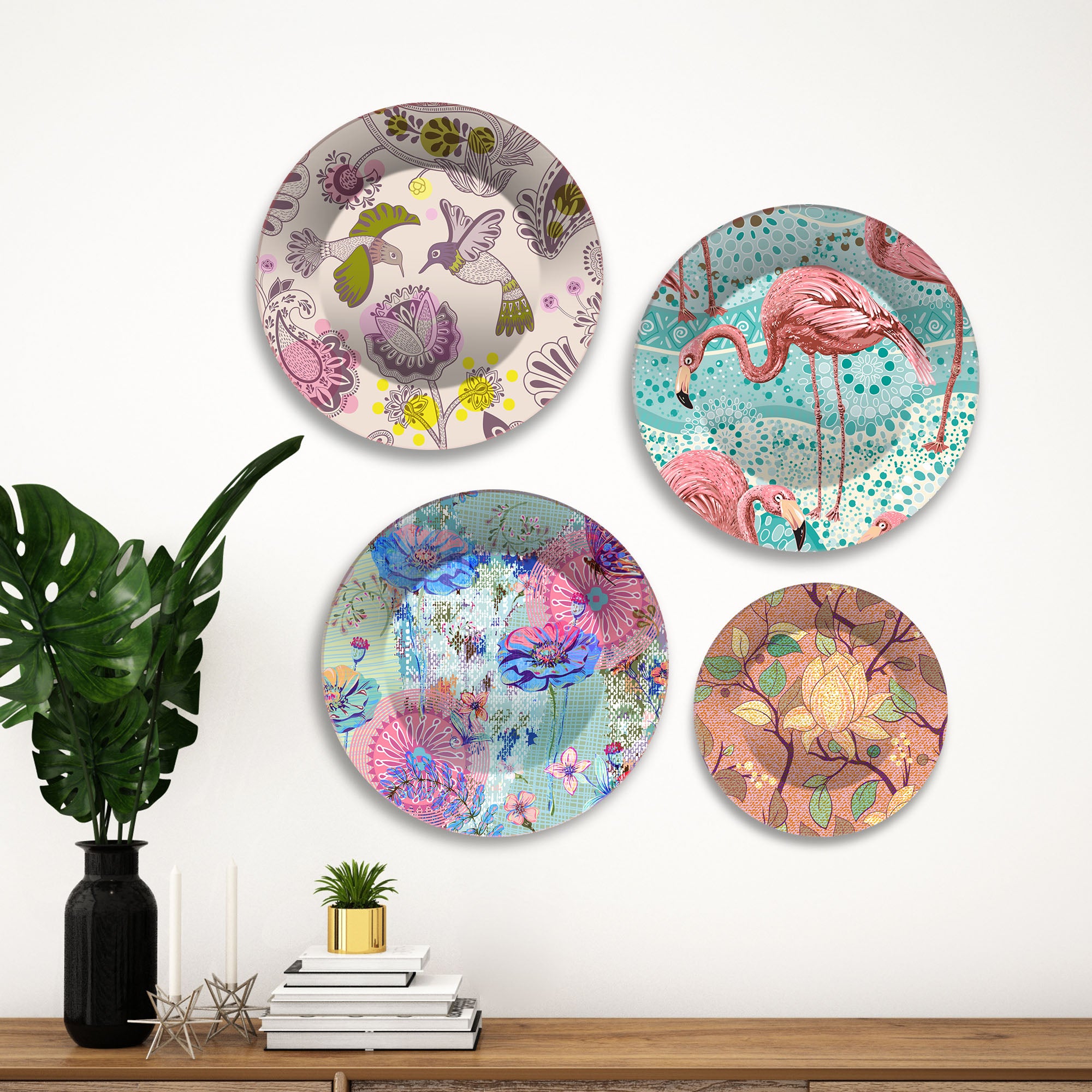 Flamingo & Floral Designer Premium Wall Plates Painting Set of Four