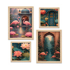 Flamingo Lotus Royal Door Luxury Palace Garden Wall Frame Set of Four