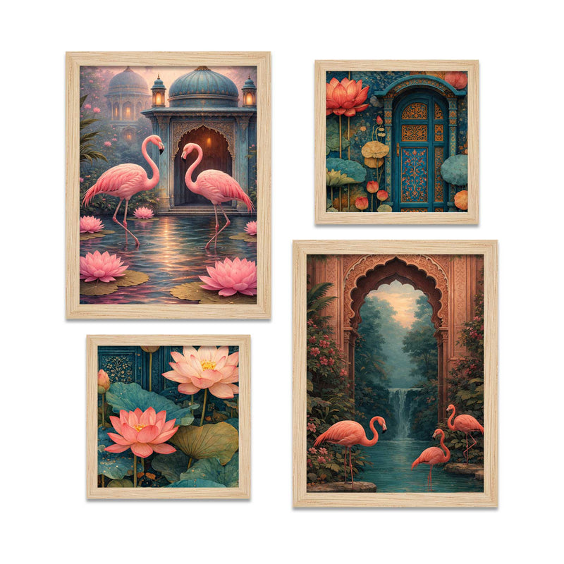 Flamingo Lotus Royal Door Luxury Palace Garden Wall Frame Set of Four