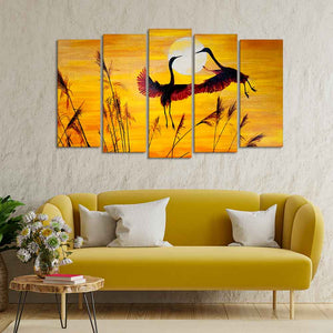 Flamingos Flying in Sunset 5 Pieces Wall Painting