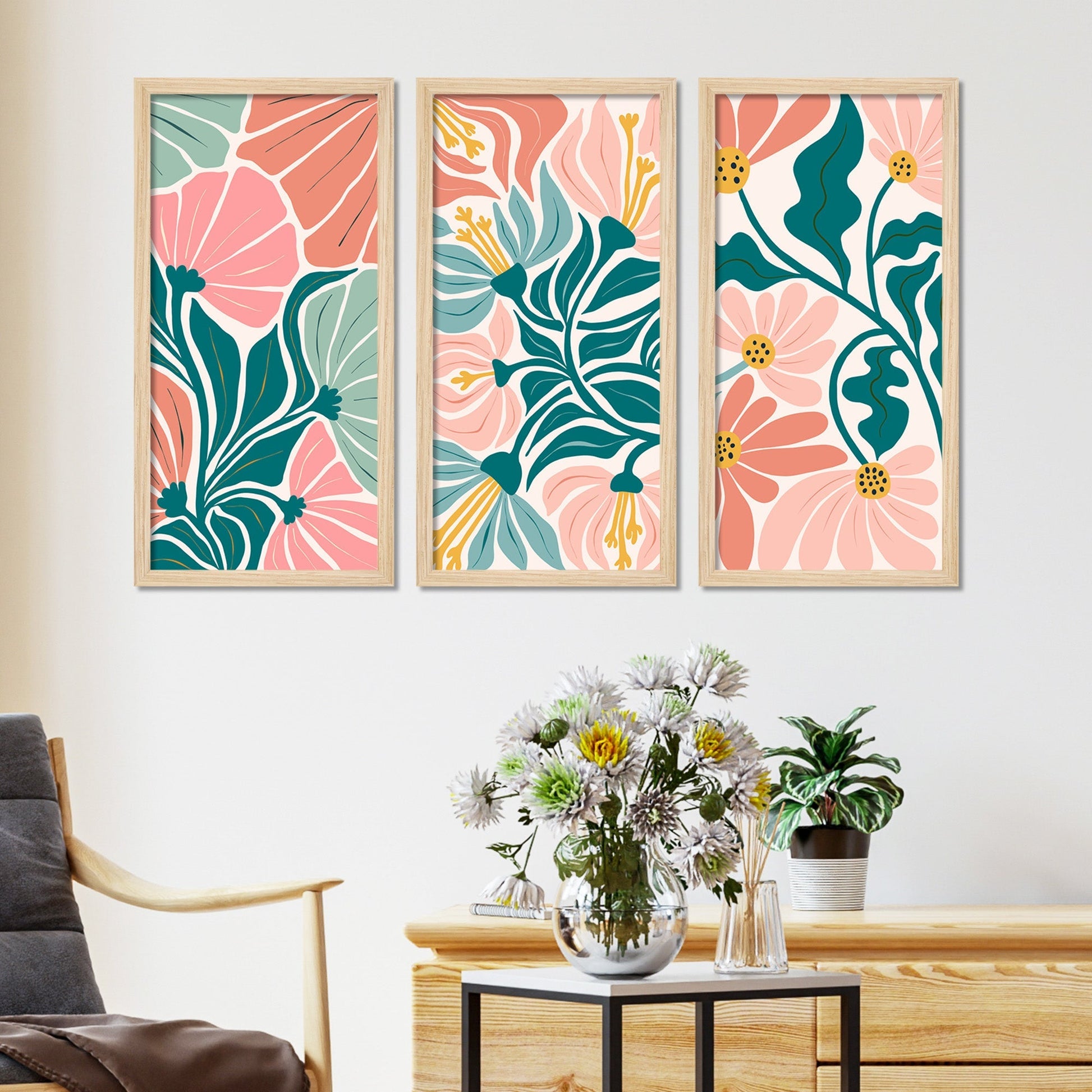 Floral abstract elements Botanical Art Wooden Wall Frame Set of Three