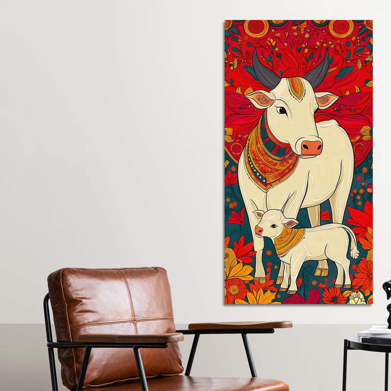 Floral Cow & Calf Canvas Wall Painting | Sacred Indian Décor