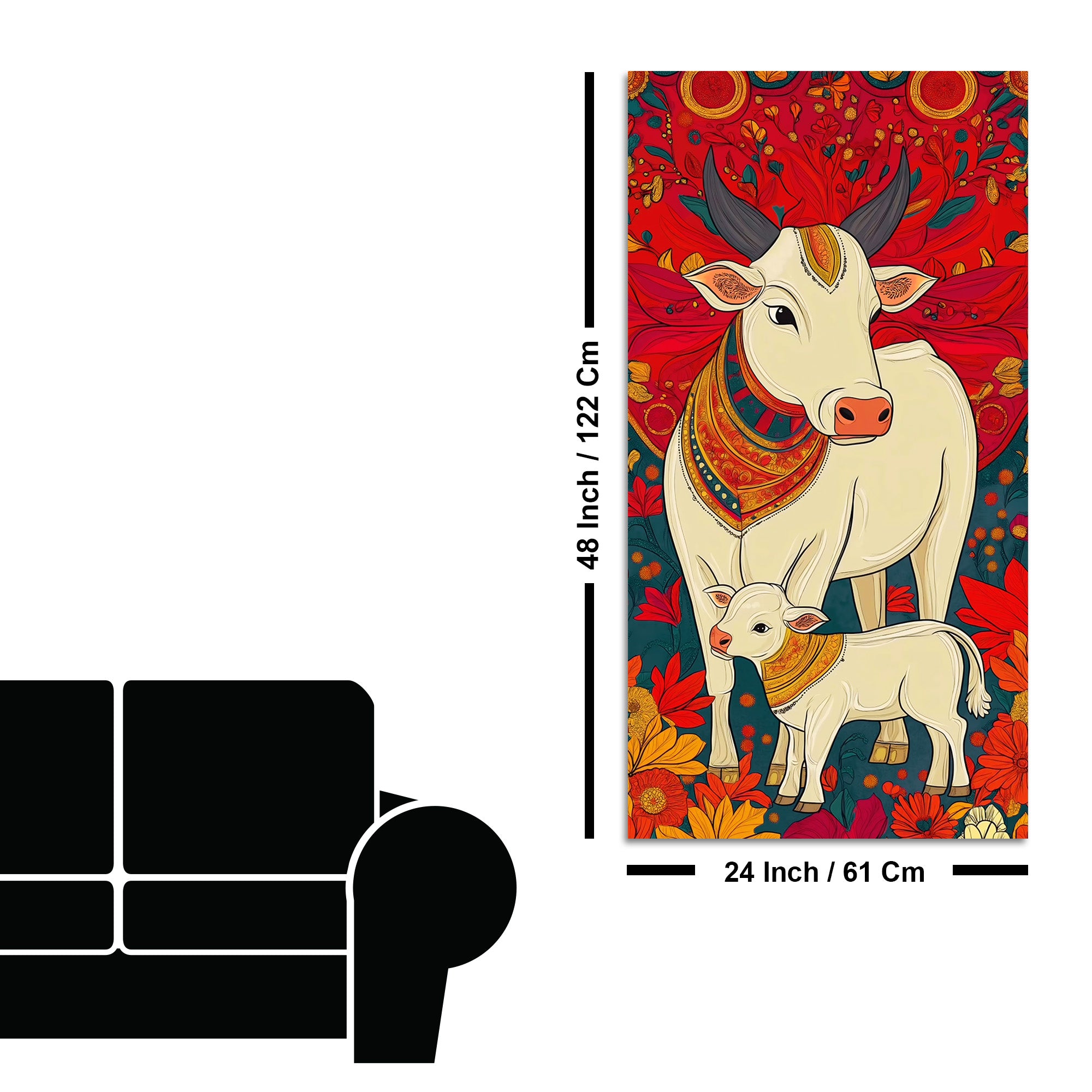 Floral Cow & Calf Canvas Wall Painting | Sacred Indian Décor