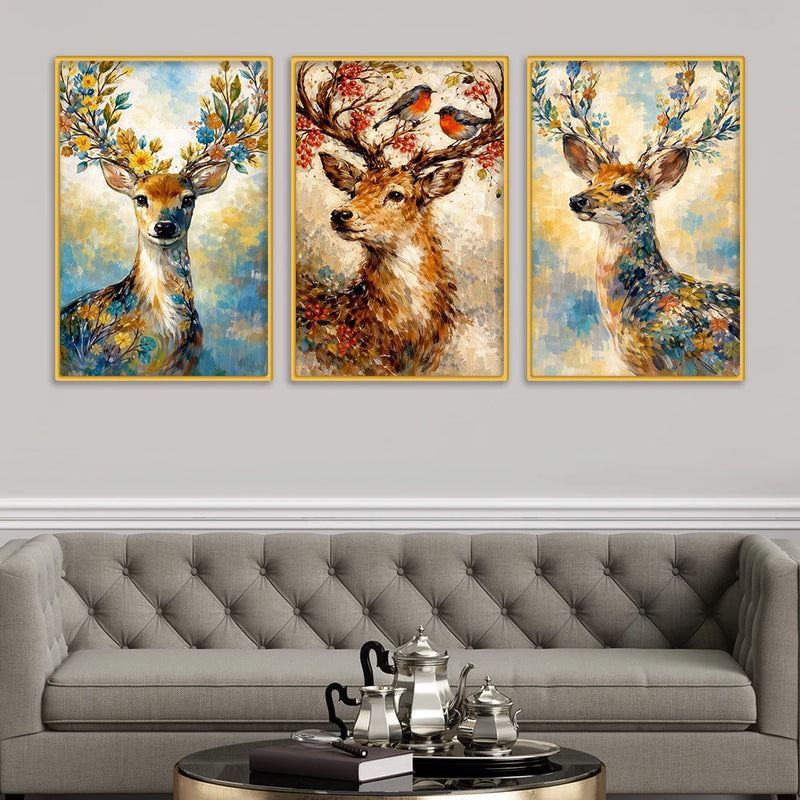 Floral Deer Canvas Wall Painting Set of Three for Living Room Decor