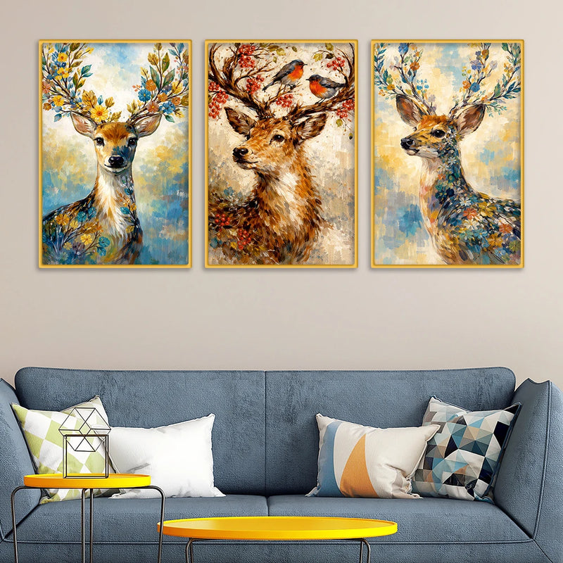 Floral Deer Canvas Wall Painting Set of Three for Living Room Decor
