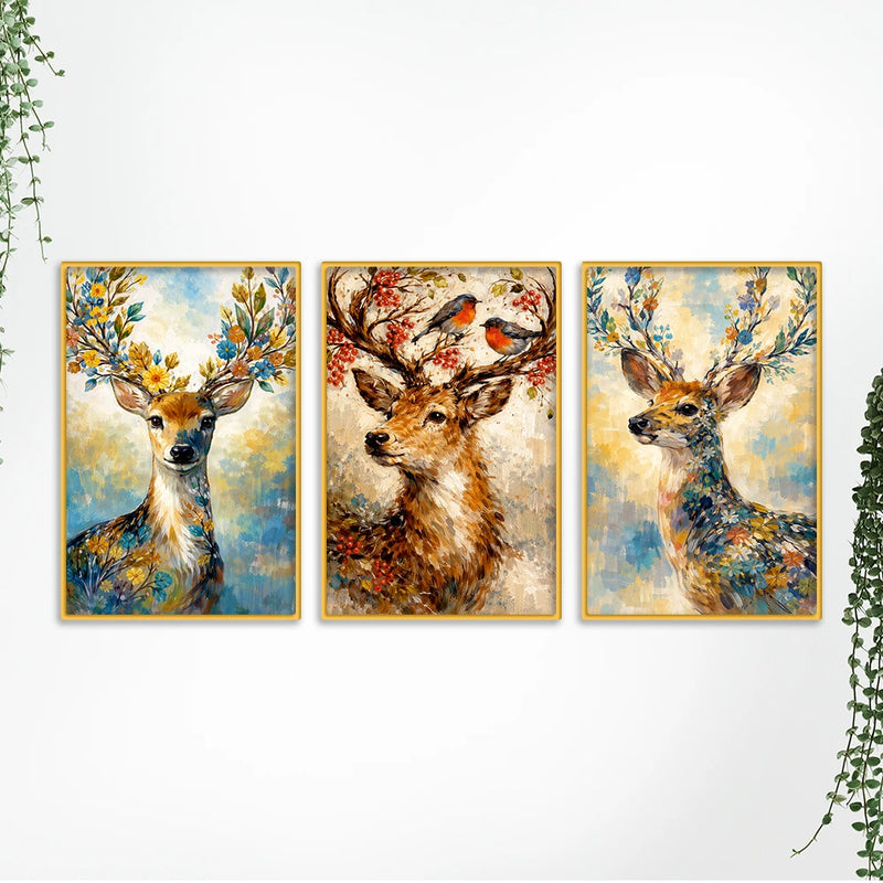 Floral Deer Canvas Wall Painting Set of Three for Living Room Decor