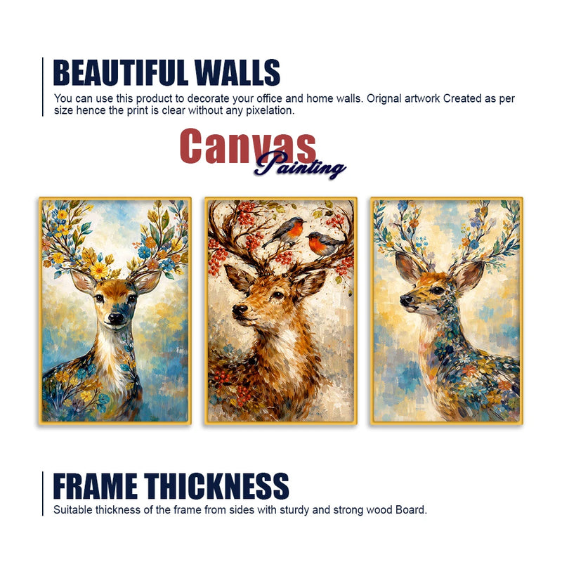 Floral Deer Canvas Wall Painting Set of Three for Living Room Decor