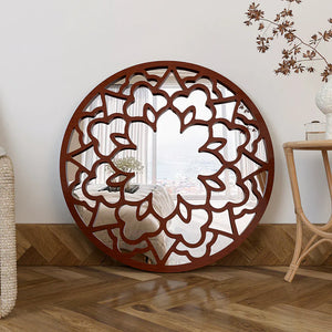 Floral Designer Circular Wooden Decorative Wall Mirror