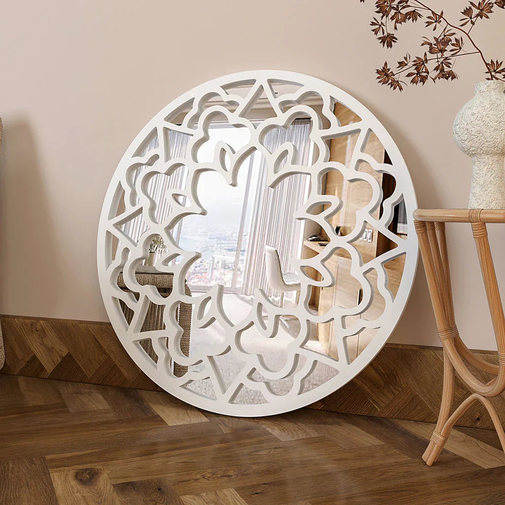 Floral Designer Circular Wooden Decorative Wall Mirror