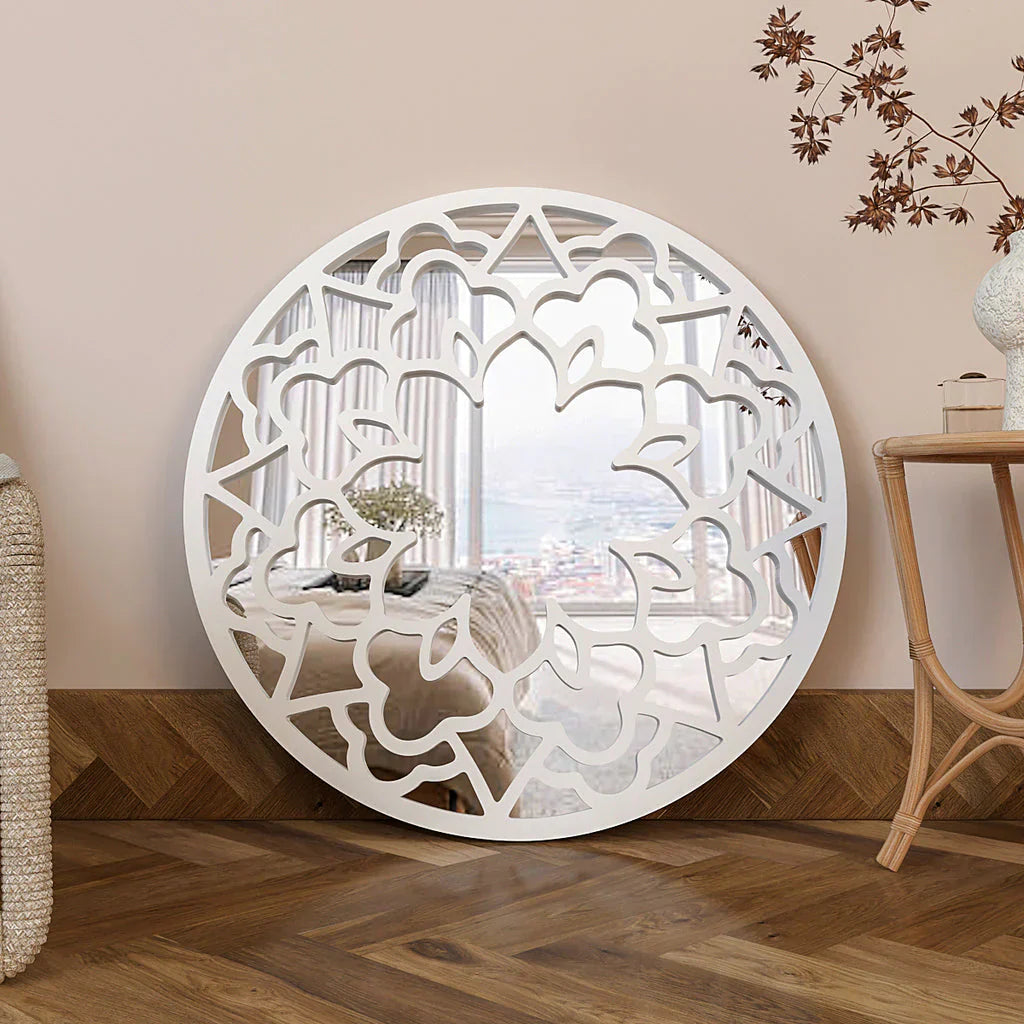 Floral Designer Circular Wooden Decorative Wall Mirror