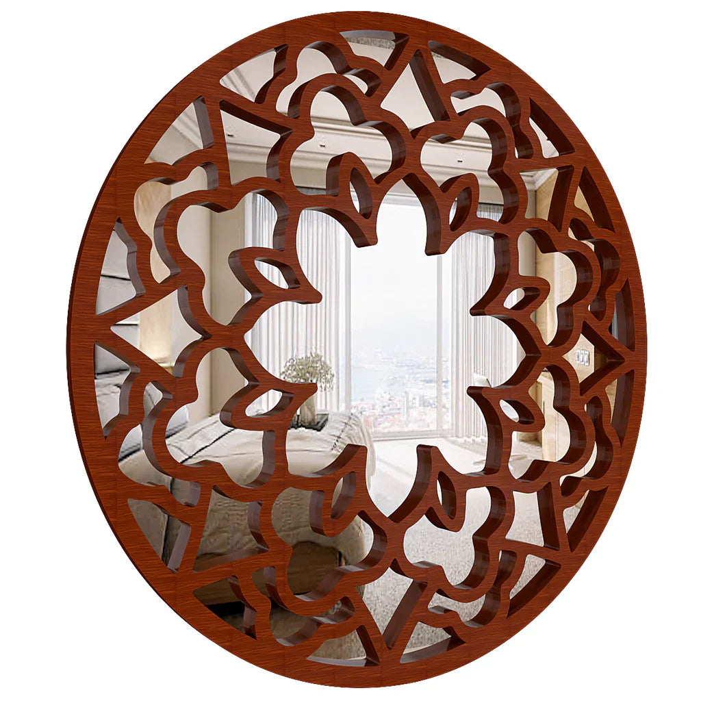 Floral Designer Circular Wooden Decorative Wall Mirror