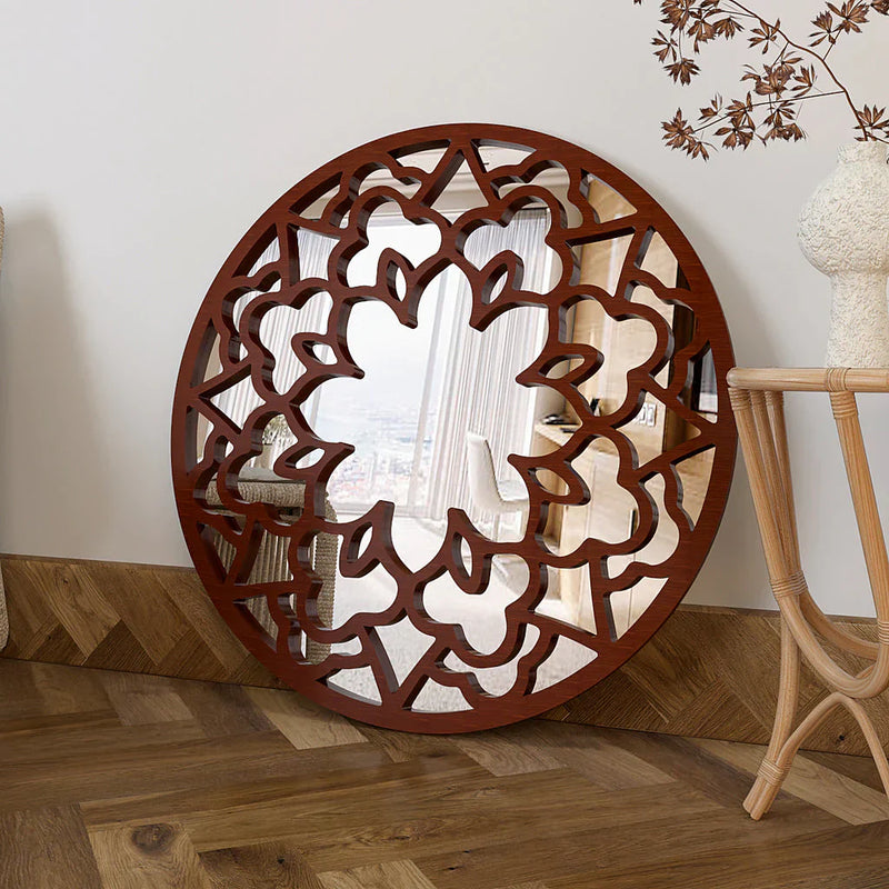 Floral Designer Circular Wooden Decorative Wall Mirror