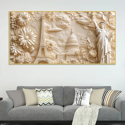 Floral Eiffel Tower Capitol & Statue of Liberty 3D Canvas Wall Painting