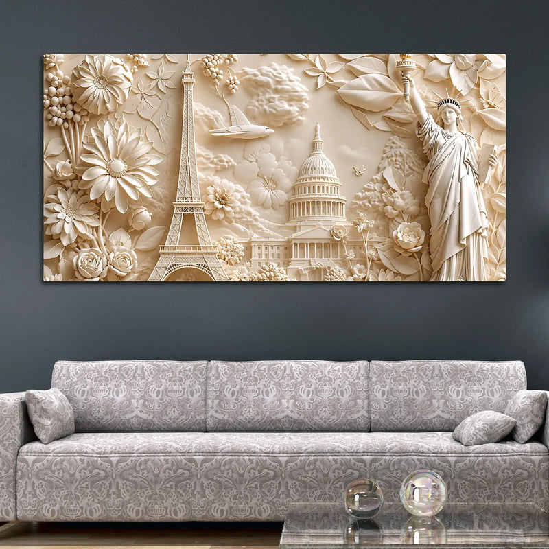 Floral Eiffel Tower Capitol & Statue of Liberty 3D Canvas Wall Painting