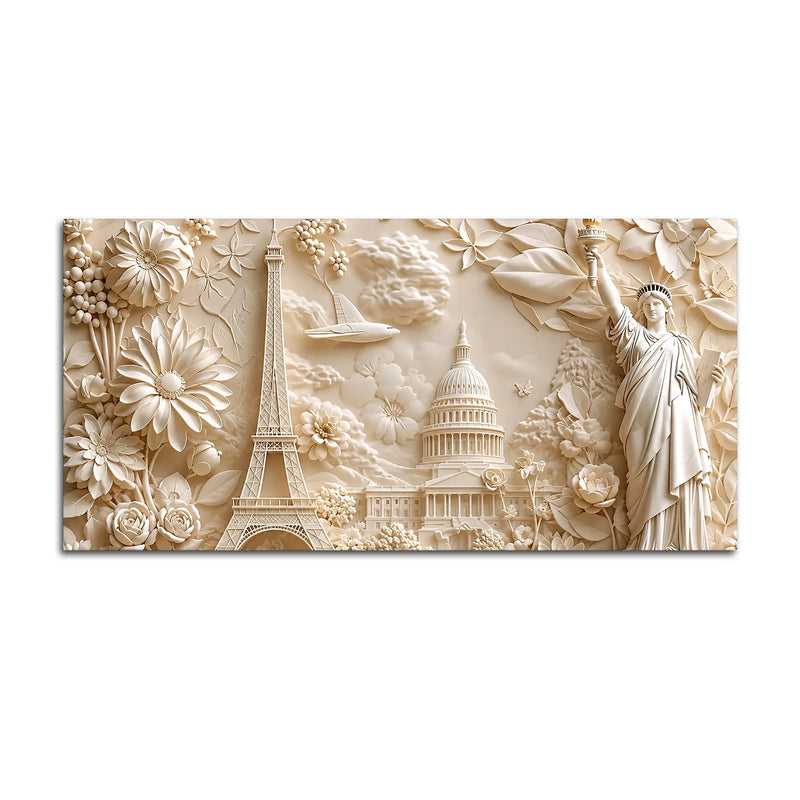 Floral Eiffel Tower Capitol & Statue of Liberty 3D Canvas Wall Painting