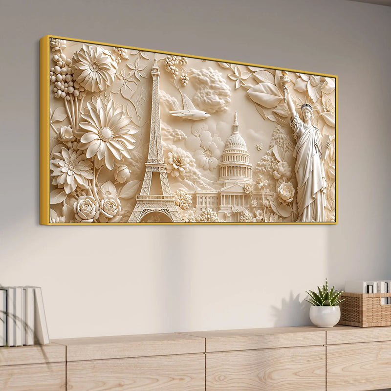 Floral Eiffel Tower Capitol & Statue of Liberty 3D Canvas Wall Painting