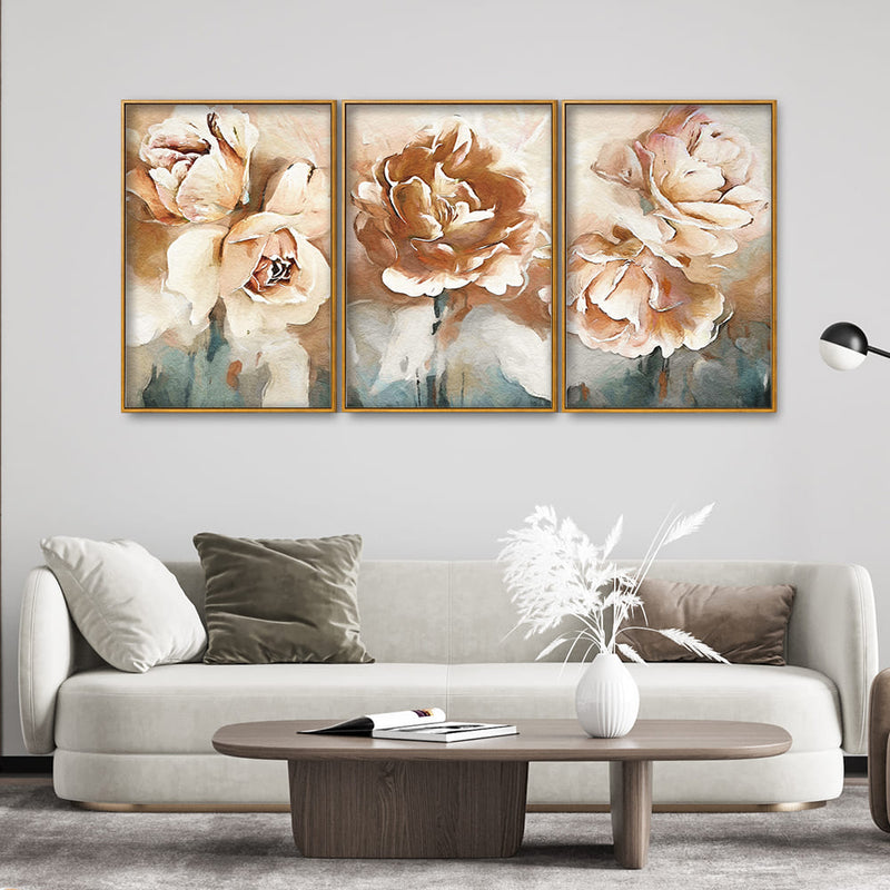 Floral Flower White Rose Floating Canvas Wall Painting Set of Three