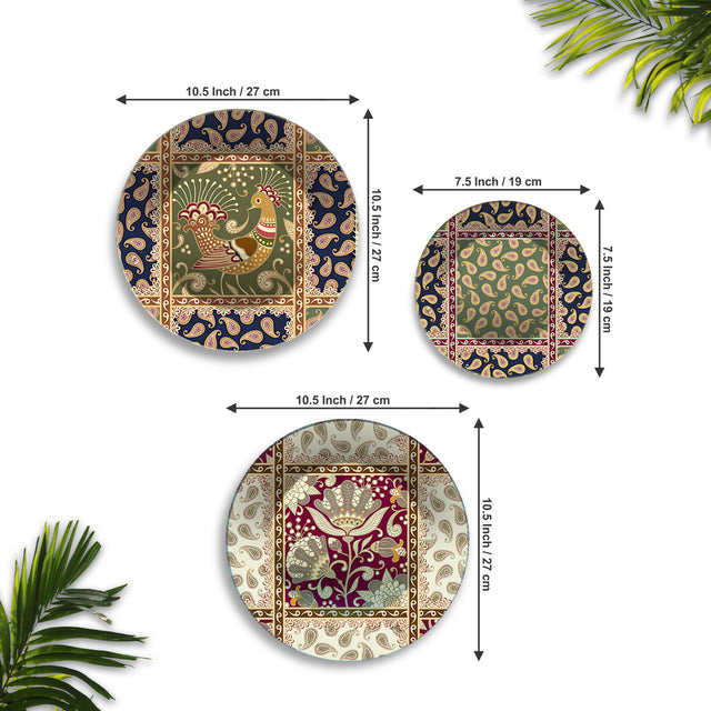 Floral & Folk Textile Motifs Premium Wall Plates Painting Set of 3