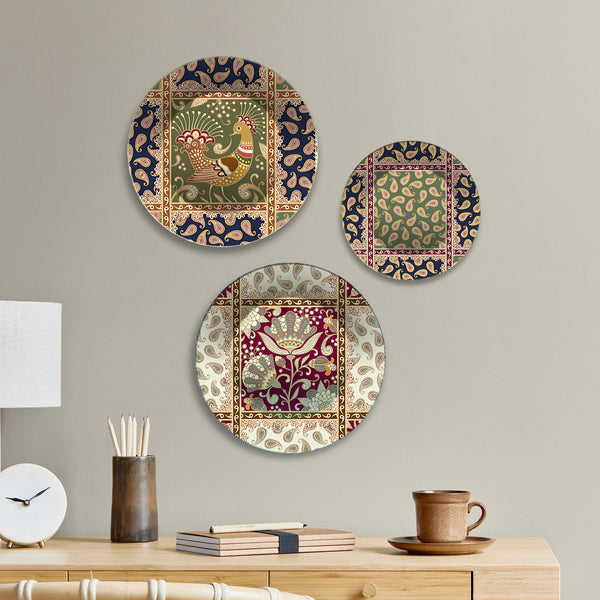 Floral & Folk Textile Motifs Premium Wall Plates Painting Set of 3