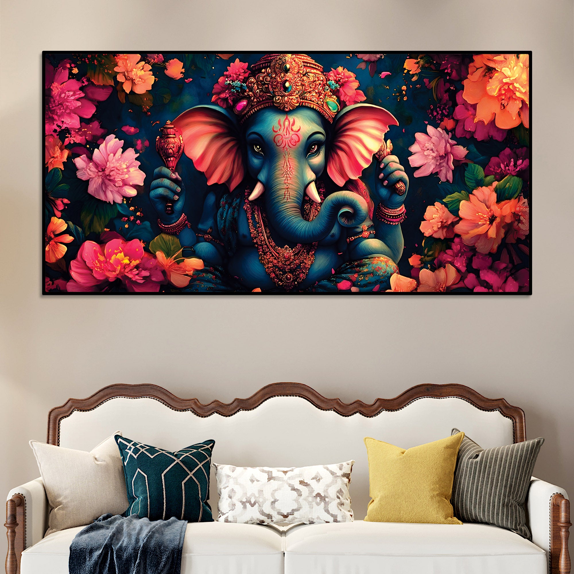 Floral Grace of Lord Ganpati Premium Canvas Wall Painting for Home & Office Decor