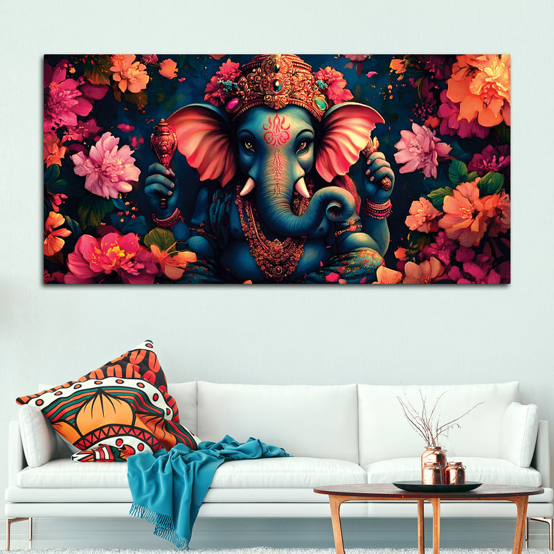 Floral Grace of Lord Ganpati Premium Canvas Wall Painting for Home & Office Decor