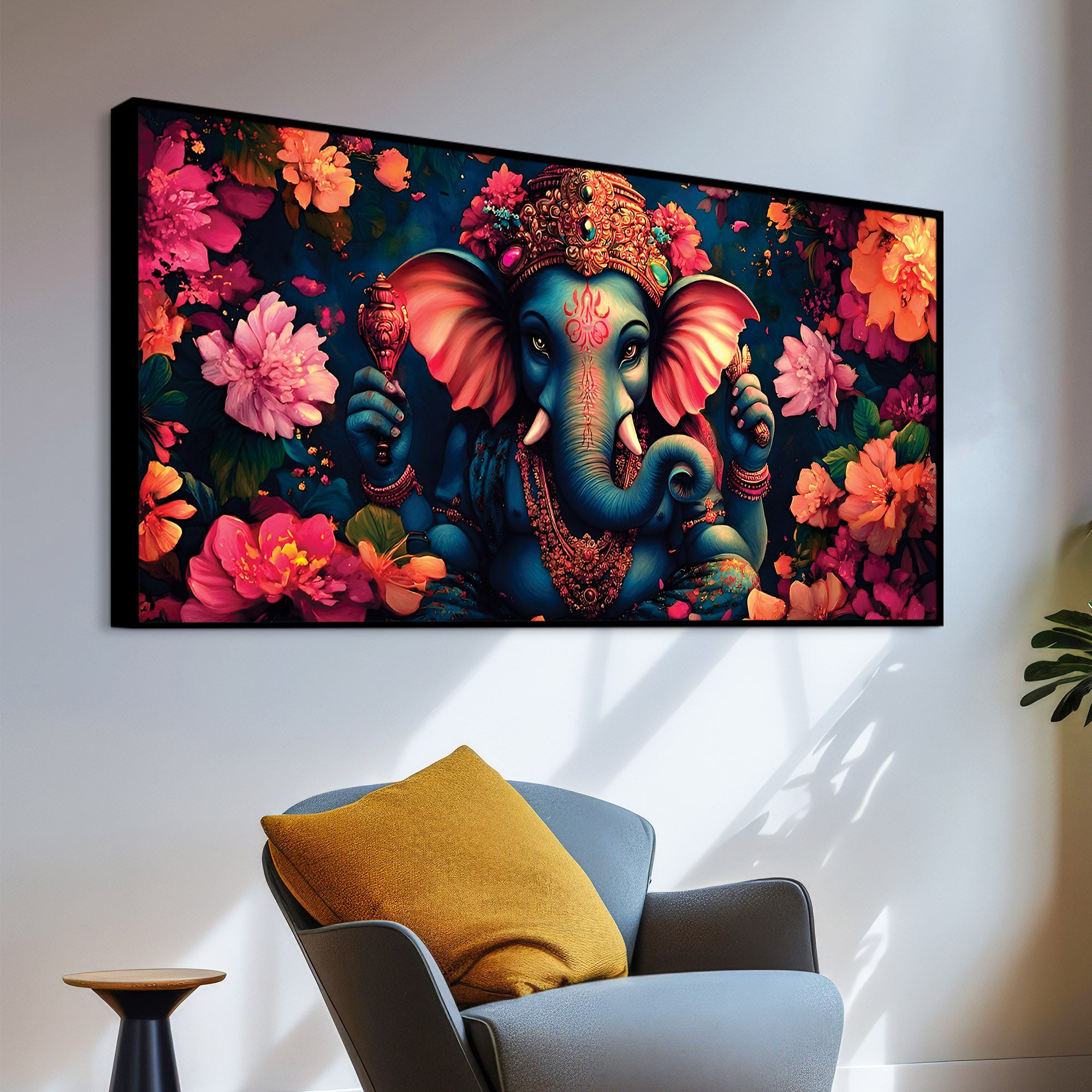 Floral Grace of Lord Ganpati Premium Canvas Wall Painting for Home & Office Decor