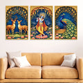 Floral Krishna Canvas Wall Painting Set of Three