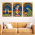 Floral Krishna Canvas Wall Painting Set of Three