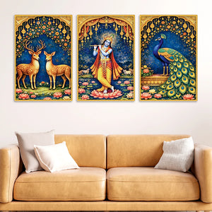 Floral Krishna Canvas Wall Painting Set of Three
