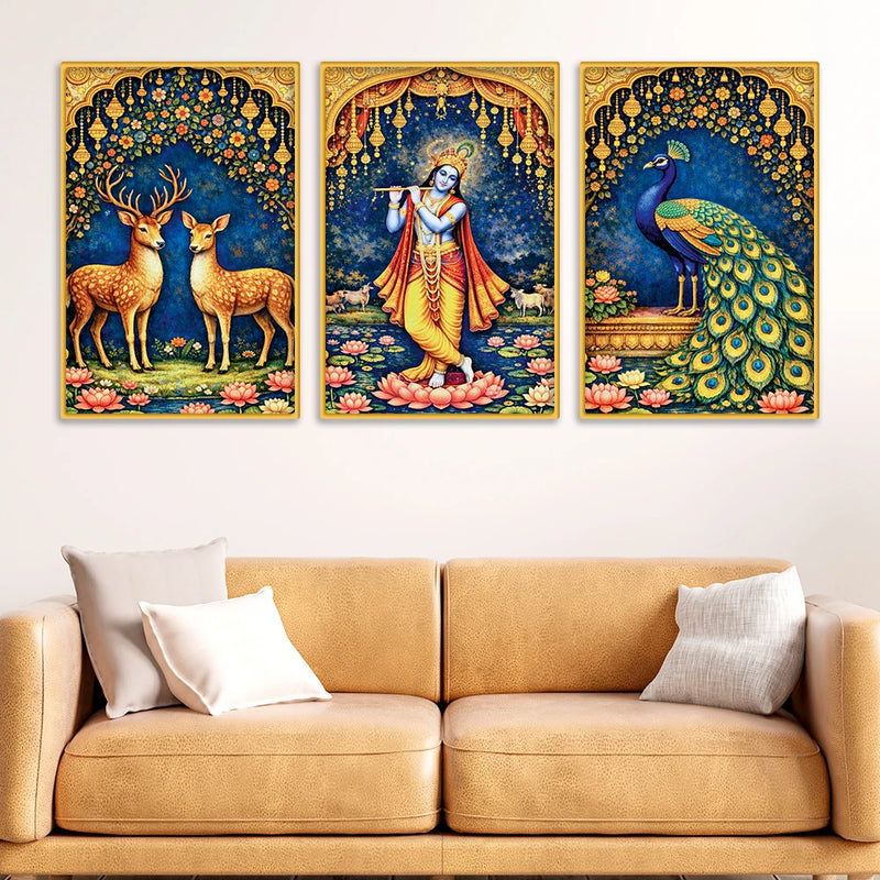 Floral Krishna Canvas Wall Painting Set of Three