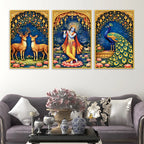Floral Krishna Canvas Wall Painting Set of Three