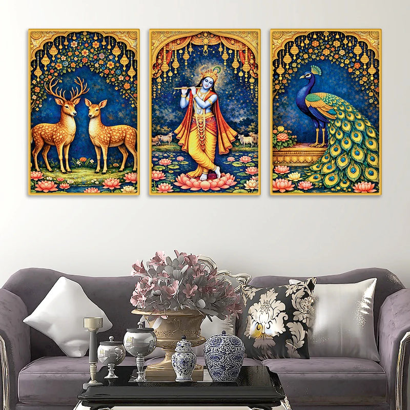 Floral Krishna Canvas Wall Painting Set of Three