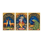 Floral Krishna Canvas Wall Painting Set of Three