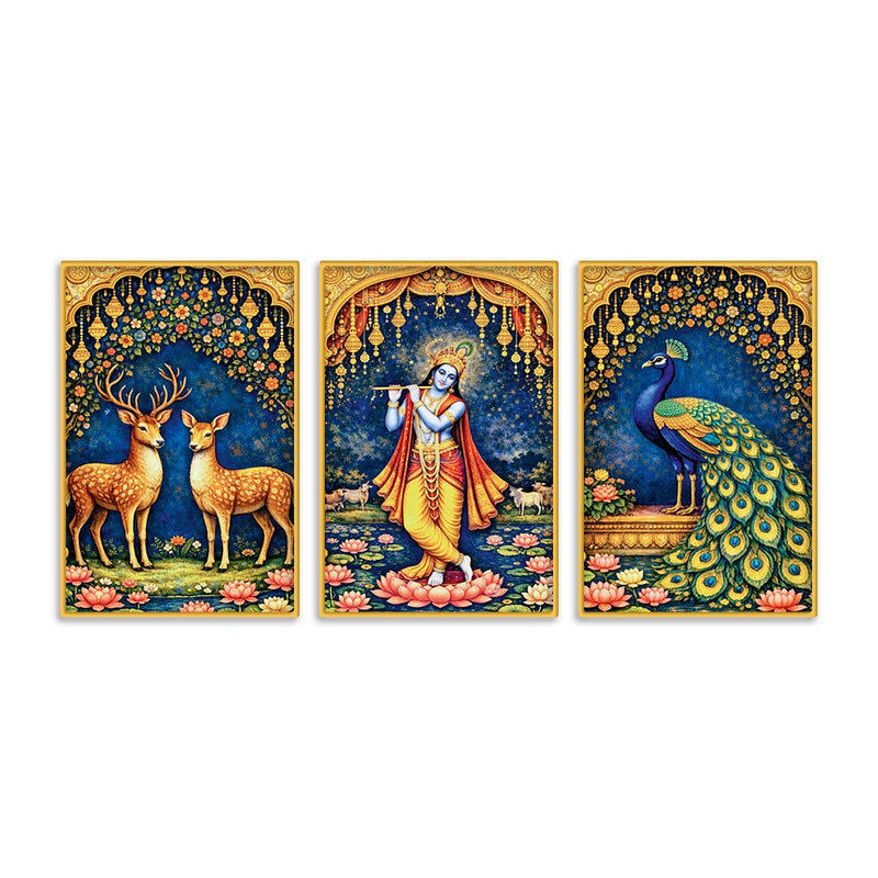 Floral Krishna Canvas Wall Painting Set of Three