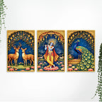 Floral Krishna Canvas Wall Painting Set of Three