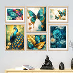 Floral Peacock and Butterfly Wall Art Frame Set of 6