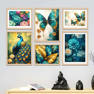Floral Peacock and Butterfly Wall Art Frame Set of 6