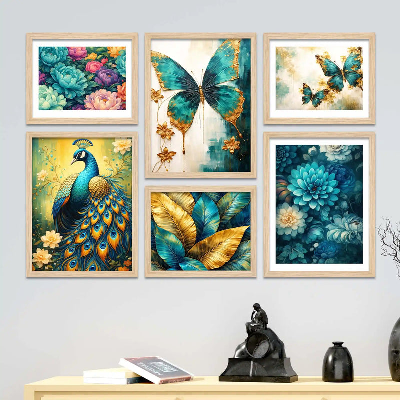 Floral Peacock and Butterfly Wall Art Frame Set of 6