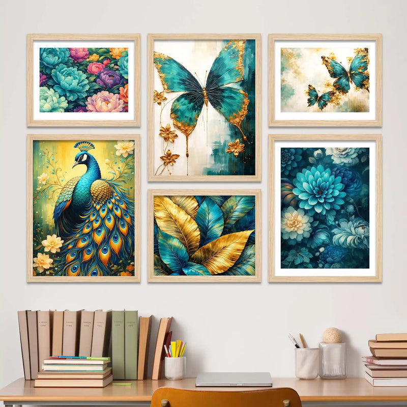 Floral Peacock and Butterfly Wall Art Frame Set of 6