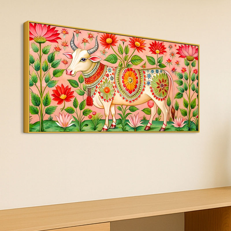 Floral Pichwai Cow Canvas Wall Painting | Indian Traditional Wall Painting
