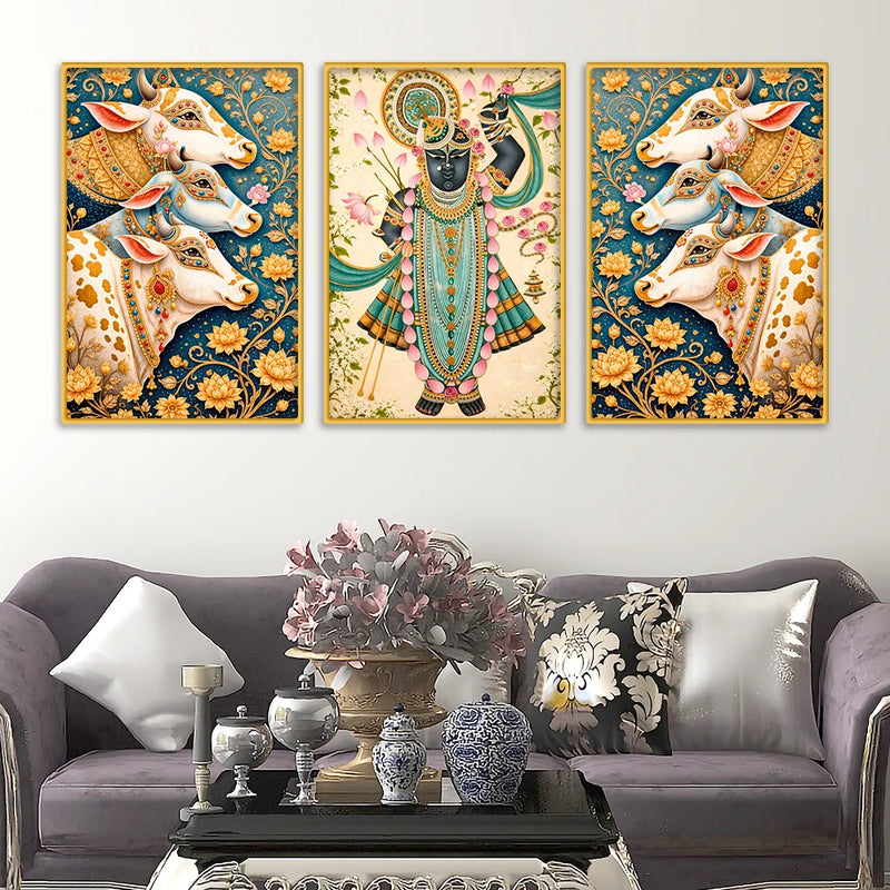 Floral Shrinath Ji Wall Decor Canvas Painting Set of Three