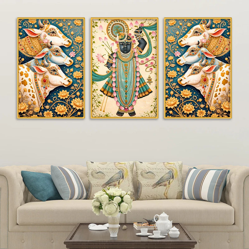 Floral Shrinath Ji Wall Decor Canvas Painting Set of Three