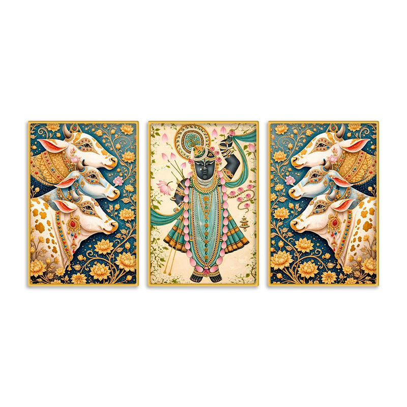 Floral Shrinath Ji Wall Decor Canvas Painting Set of Three