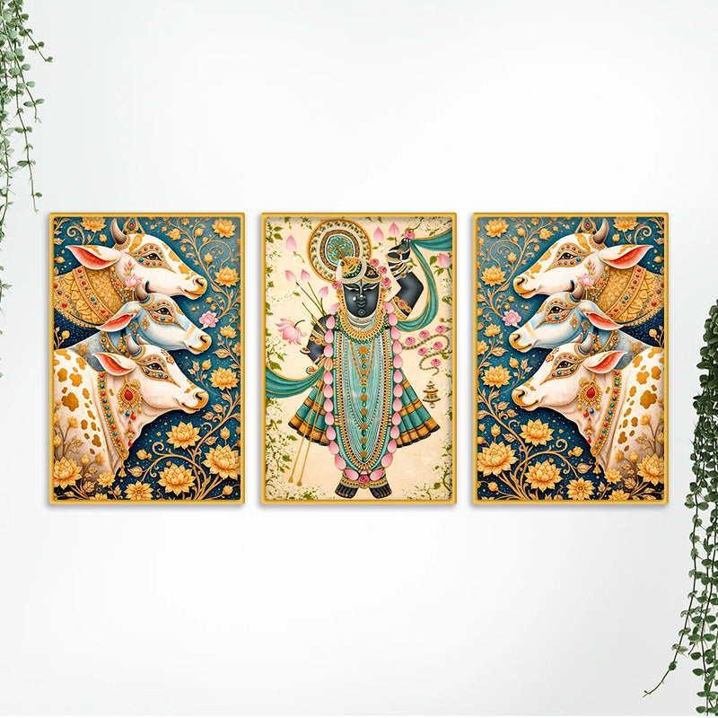 Floral Shrinath Ji Wall Decor Canvas Painting Set of Three